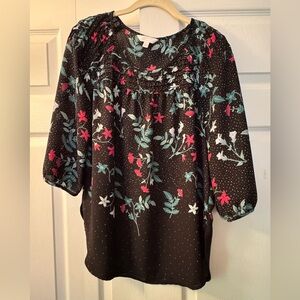 LC Lauren Conrad Black Blouse with Red and Green Floral Design